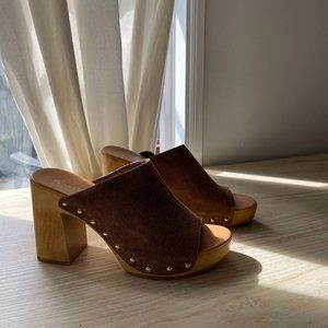 Warm Chocolate Brown Retro Italian Suede Open Toed Clogs